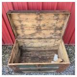 Antique Wood Steamer Trunk Flat Top Chest Green Slat Metal Hardware