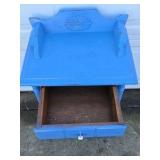 Vintage Blue Wood Side Table Washstand Drawer Shelf Floral Back Splash