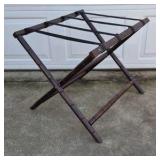 Wood Folding Luggage Rack Stand Dark Finish Suitcase Holder Strap Top