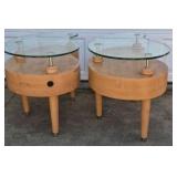 Pair Modern Wood End Tables Glass Top Wavy Design Drawer Accent Tables