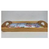 Wood Serving Tray with Ceramic Tile Hummingbird Floral Design Handles