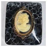 Vintage Style Cameo Jewelry Trinket Box Black Marble Look Hinged Case