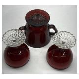 Ruby Red Glass Creamer Sugar Bowl Pedestal Cups Set Vintage Style