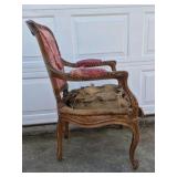French Provincial Style Upholstered Armchair Wood Frame Pink Damask Accent Chair