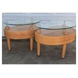 Pair Modern Wood End Tables Glass Top Wavy Design Drawer Accent Tables