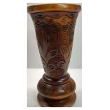 Vintage Hand Carved Wood Vase Floral Pattern Decorative Piece
