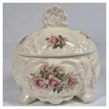 Floral Porcelain Trinket Box Footed Jewelry Dish Pink Rose Lidded Vanity Box