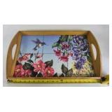 Wood Serving Tray with Ceramic Tile Hummingbird Floral Design Handles