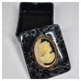 Vintage Style Cameo Jewelry Trinket Box Black Marble Look Hinged Case