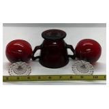 Ruby Red Glass Creamer Sugar Bowl Pedestal Cups Set Vintage Style