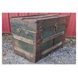 Antique Wood Steamer Trunk Flat Top Chest Green Slat Metal Hardware