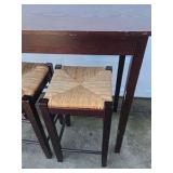 Wood Console Table with Woven Rush Seat Stools Nesting Side Table Set