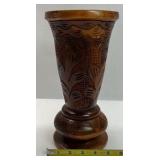 Vintage Hand Carved Wood Vase Floral Pattern Decorative Piece
