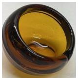 Vintage Amber Glass Ashtray Round Heavy Retro Design