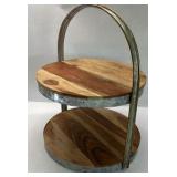 Two Tier Wood Metal Serving Tray Stand Round Farmhouse Tabletop Organizer