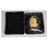 Vintage Style Cameo Jewelry Trinket Box Black Marble Look Hinged Case
