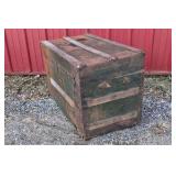 Antique Wood Steamer Trunk Flat Top Chest Green Slat Metal Hardware