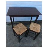 Wood Console Table with Woven Rush Seat Stools Nesting Side Table Set