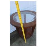 Round Wood Side Table Glass Top  End Table