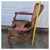 French Provincial Style Upholstered Armchair Wood Frame Pink Damask Accent Chair