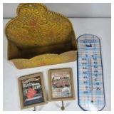 Vintage Kitchen Wall Decor Lot of 4 Tin Wall Pocket Hooks Thermometer Plaques