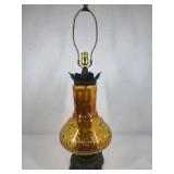 Vintage Amber Glass Table Lamp Embossed Pattern Black Base Mid Century Style