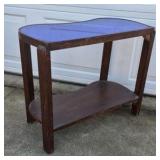 Vintage Art Deco Style Side Table Blue Mirror Glass Top Two Tier Wood
