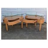 Pair Modern Wood End Tables Glass Top Wavy Design Drawer Accent Tables