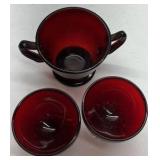 Ruby Red Glass Creamer Sugar Bowl Pedestal Cups Set Vintage Style