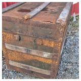 Antique Wood Steamer Trunk Flat Top Chest Green Slat Metal Hardware