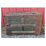 Antique Wood Steamer Trunk Flat Top Chest Green Slat Metal Hardware
