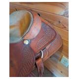 Western Saddle - 16-Inch Seat, Basketweave Leather, Roughout Seat