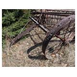 Hay Rake - Vintage Wheel-Driven Frame, Rusted Iron Farm Implement