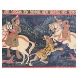 Excellent Original Antique Tiger Hunt Painting on Carved Wood Panel