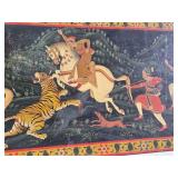 Excellent Original Antique Tiger Hunt Painting on Carved Wood Panel