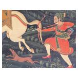 Excellent Original Antique Tiger Hunt Painting on Carved Wood Panel