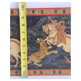 Excellent Original Antique Tiger Hunt Painting on Carved Wood Panel