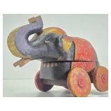 Vintage Carved & Painted Wood Elephant Pull Toy