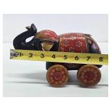 Vintage Carved & Painted Wood Elephant Pull Toy