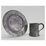 Early Antique Pewter Plate & Tankard