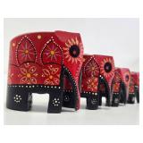 Set of Small Vintage Carved Wood & Painted Elephants