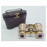 Antique Brass & Mother of Pearl French Opera Glasses w/Leather Case