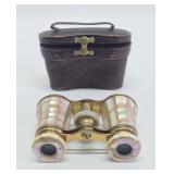 Antique Brass & Mother of Pearl French Opera Glasses w/Leather Case