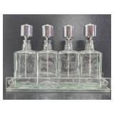 Antique Etched Glass Backbar Liquor Bottle Set w/Vintage Lucite Holder