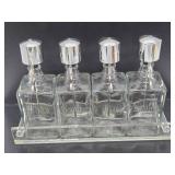 Antique Etched Glass Backbar Liquor Bottle Set w/Vintage Lucite Holder
