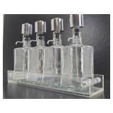 Antique Etched Glass Backbar Liquor Bottle Set w/Vintage Lucite Holder