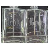 Antique Etched Glass Backbar Liquor Bottle Set w/Vintage Lucite Holder