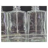 Antique Etched Glass Backbar Liquor Bottle Set w/Vintage Lucite Holder