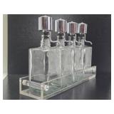 Antique Etched Glass Backbar Liquor Bottle Set w/Vintage Lucite Holder