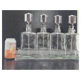 Antique Etched Glass Backbar Liquor Bottle Set w/Vintage Lucite Holder